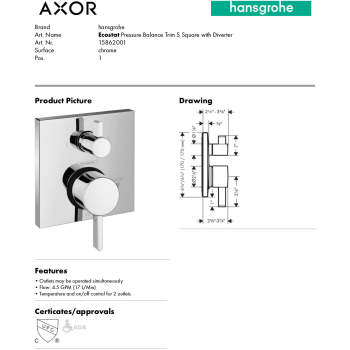 Hansgrohe 15862671 Ecostat Square Pressure Balance Trim With  