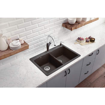 45 Black Quartz Kitchen Sink Double Bowl Drop-In Sink with Drain Board