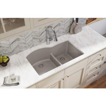 Elkay Quartz Classic Undermount 33-in x 22-in White Double Offset Bowl Kitchen Sink | ELGHU3322RWH0C