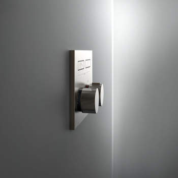 63024726 by Gessi - TRIM PARTS ONLY External parts for thermostatic shelf  mixer for three simultaneous functions, with push-button on/off  controls.Shelf made of black frosted safety glass.