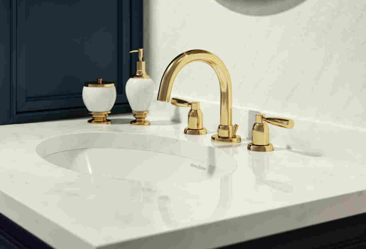 Perrin & Rowe Edwardian Low Level Spout Widespread Bathroom Faucet -  Unlacquered Brass with Metal Lever Handle
