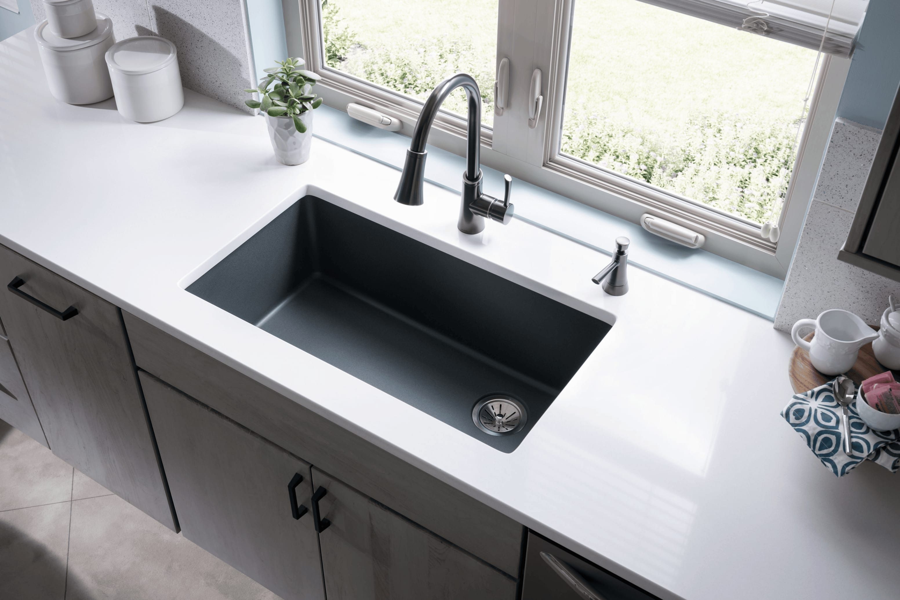 kohler black quartz sink kitchen