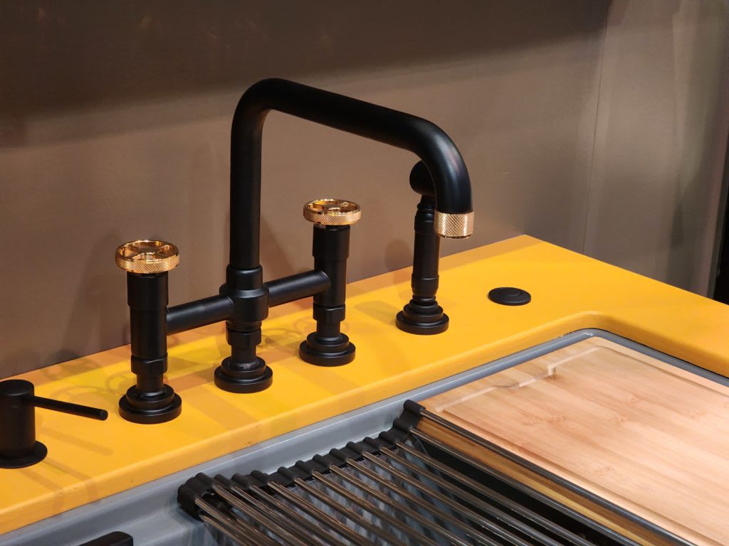 Rohl Campo Three Leg Bridge Kitchen Faucet with wheel handles in matte black/unlacquered brass