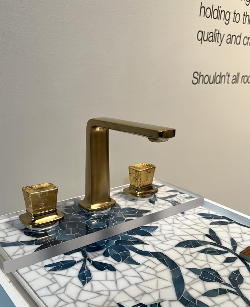 Kallista Per Se Lavatory Faucet With Gold Flake Crystal Knob Handles in brushed french gold
