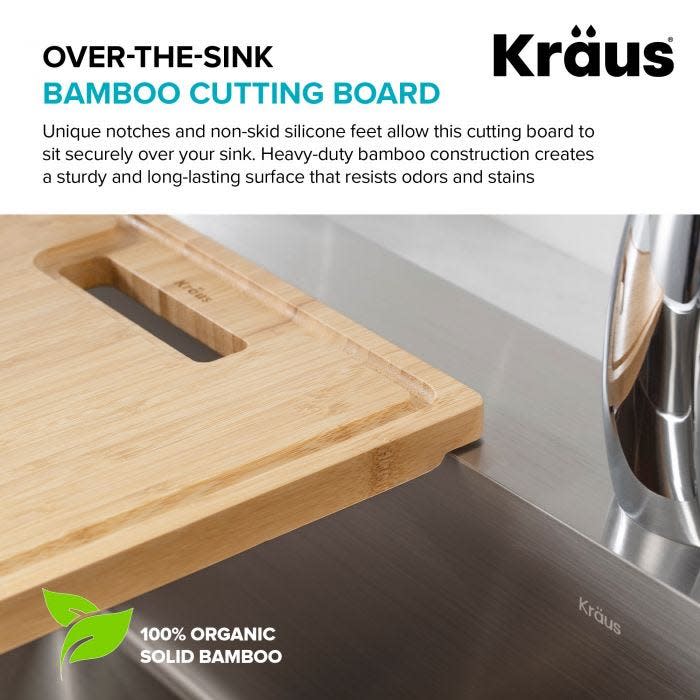 Kraus KCB-102BB Organic Solid Bamboo Cutting Board For Kitchen Sink 18.5 X  12