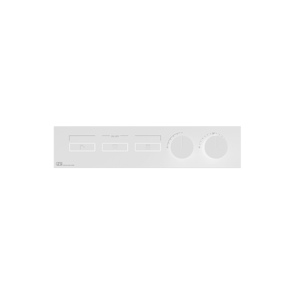 63024726 by Gessi - TRIM PARTS ONLY External parts for thermostatic shelf  mixer for three simultaneous functions, with push-button on/off  controls.Shelf made of black frosted safety glass.