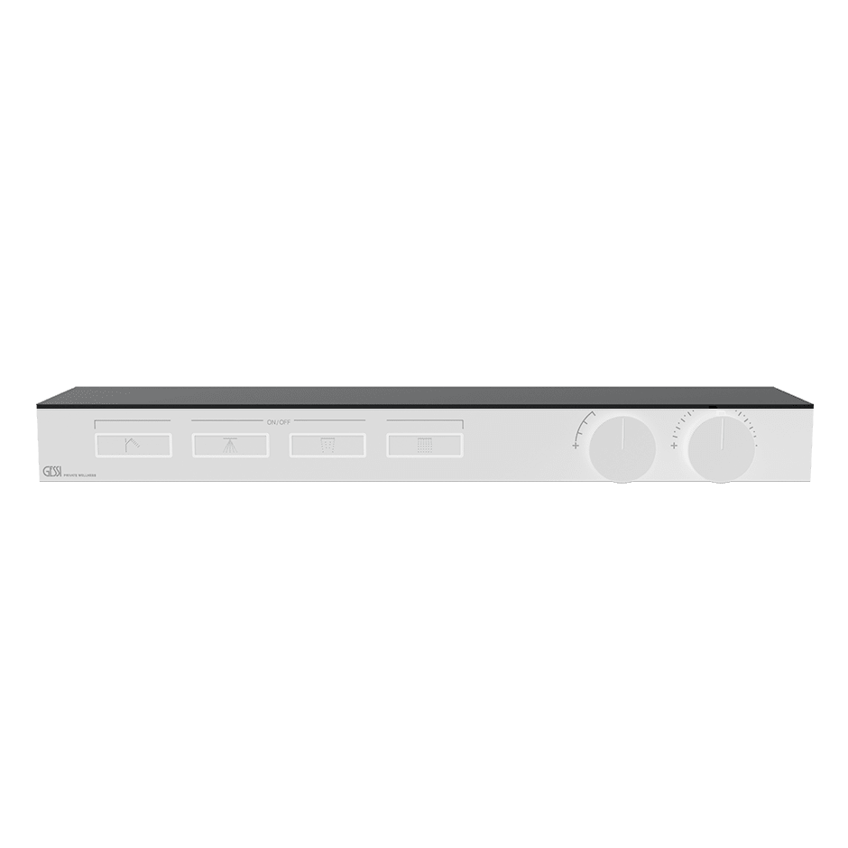 63024726 by Gessi - TRIM PARTS ONLY External parts for thermostatic shelf  mixer for three simultaneous functions, with push-button on/off  controls.Shelf made of black frosted safety glass.