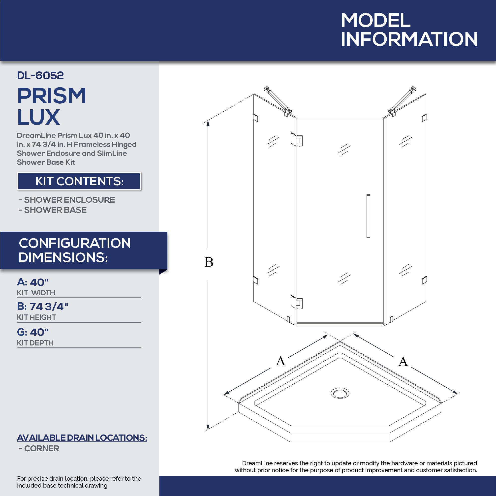 DreamLine DL-6052-06 Prism Lux 40 x 40 Frameless Hinged Corner Shower Enclosure in Oil Rubbed Bronze with White Acrylic Base Kit