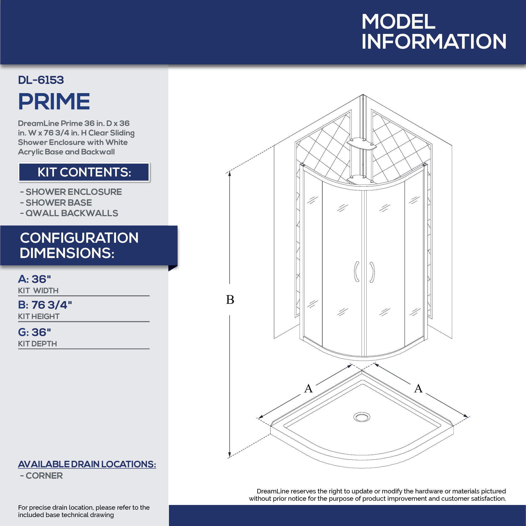 Prime Sliding Shower Enclosure, Base & Backwall Kit - Dreamline