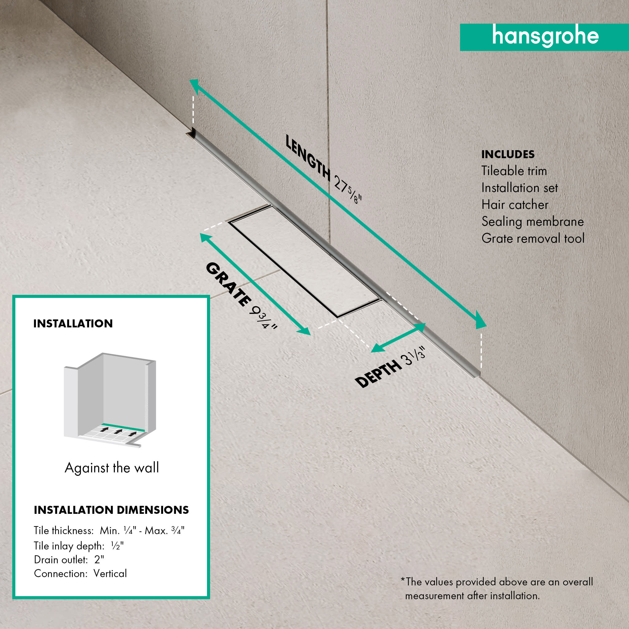 Hansgrohe 56219001 Raindrain Minimalistic Finish Set Shower Drain 