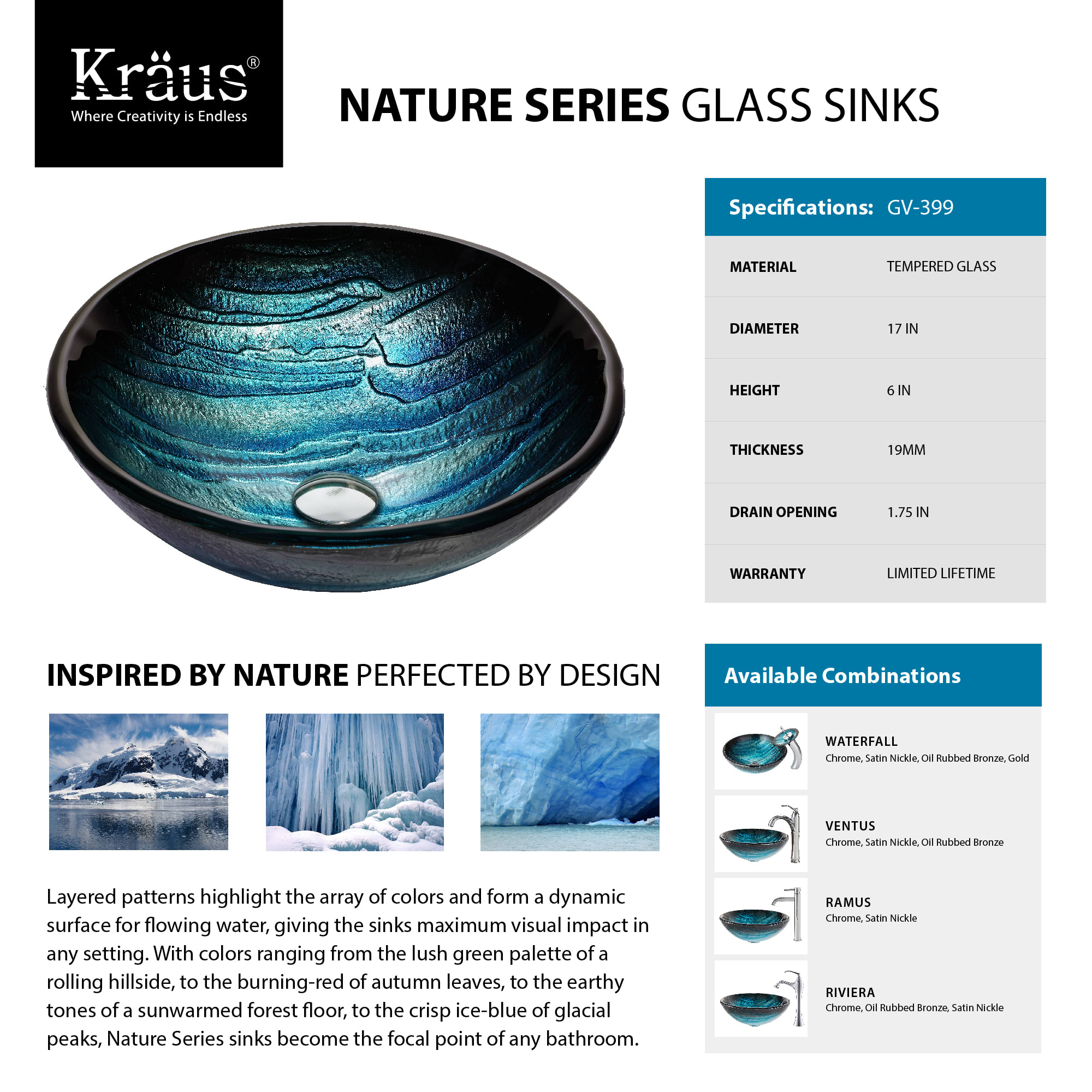 Kraus GV-399-19mm Nature Series Ladon Glass Vessel Bathroom