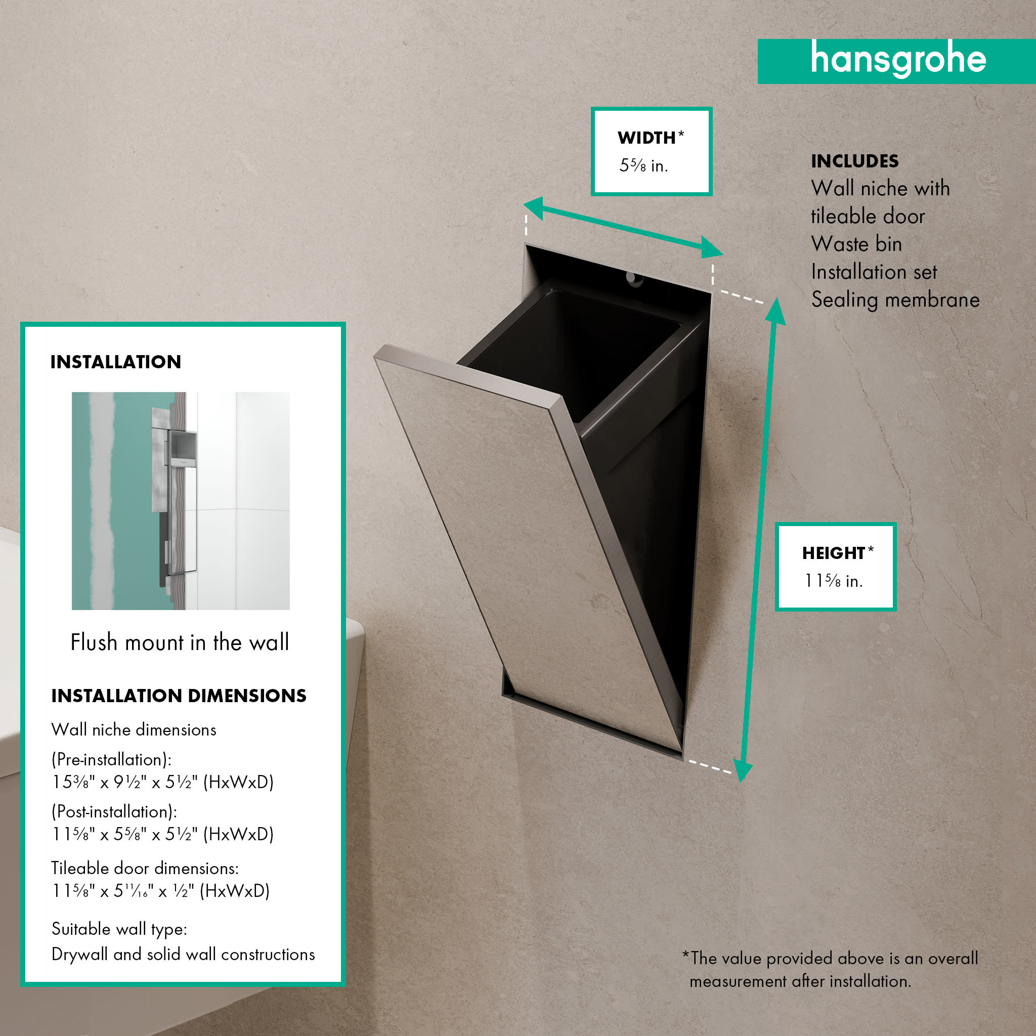 Hansgrohe 56063 Xtrastoris Rock Recessed Trash Bin With