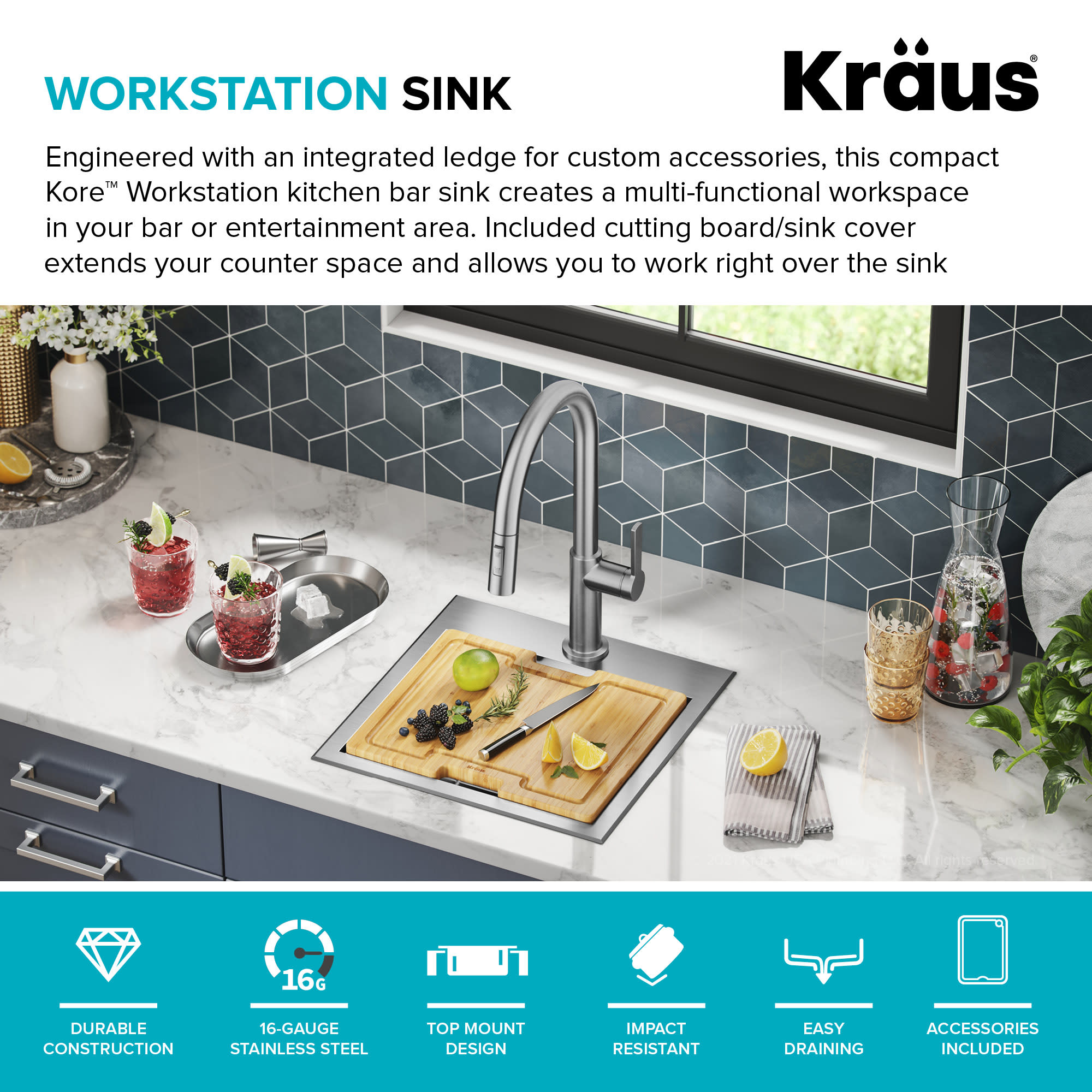 Kraus KWT321-15 15 Workstation Kitchen Bar Sink With Accessories