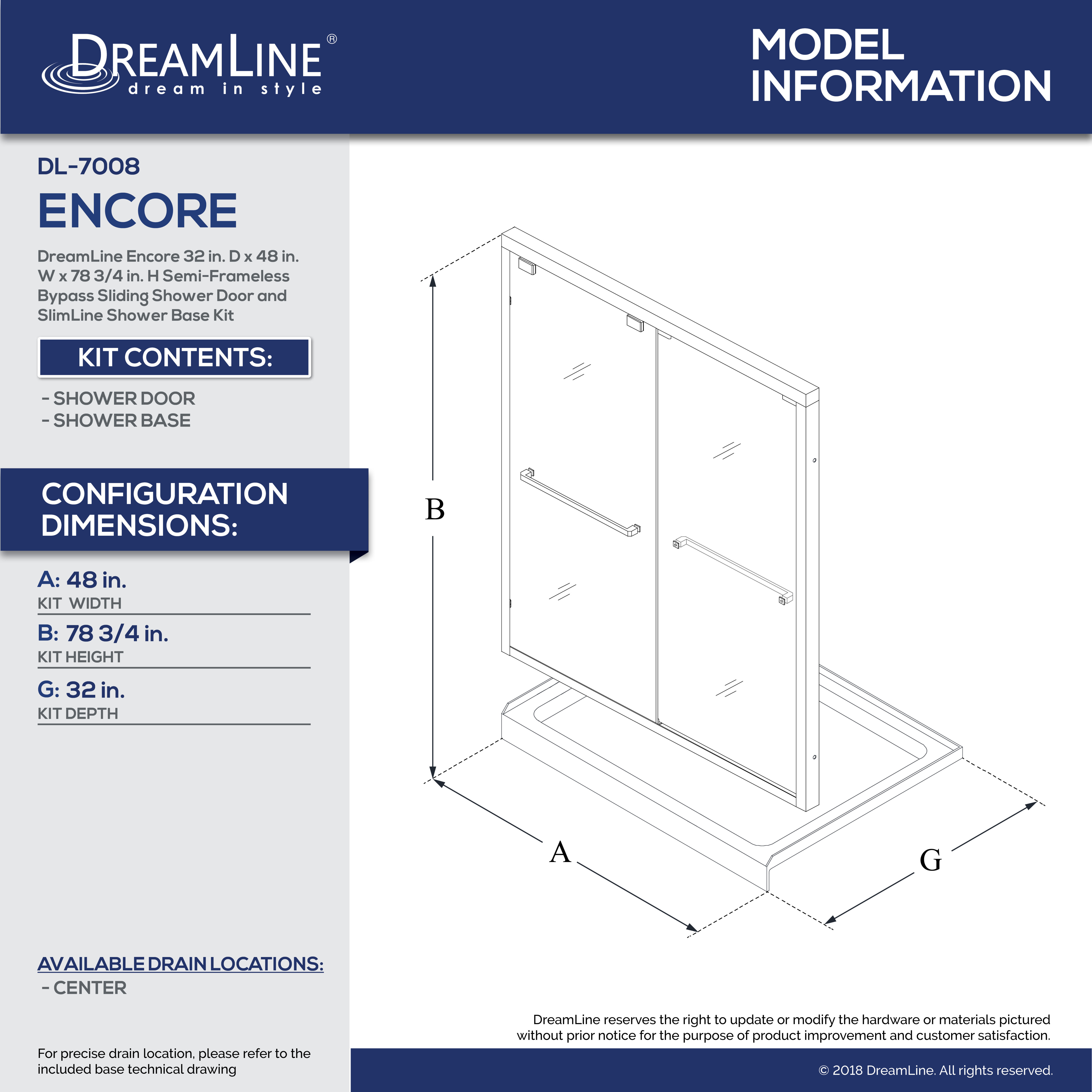 DreamLine DL7008 Encore Shower Door And Base