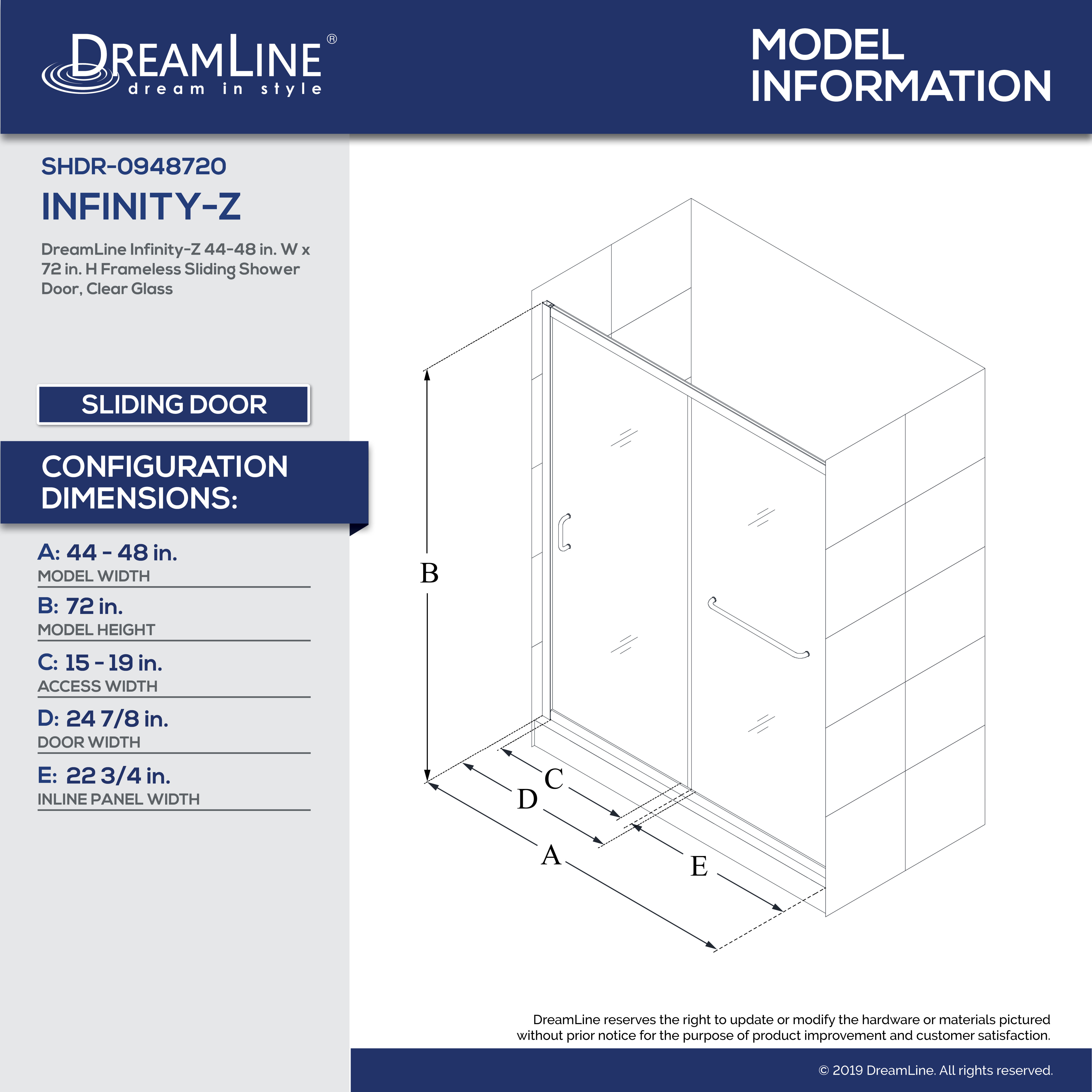 DreamLine SHDR0948720 InfinityZ 48" Sliding Shower Door