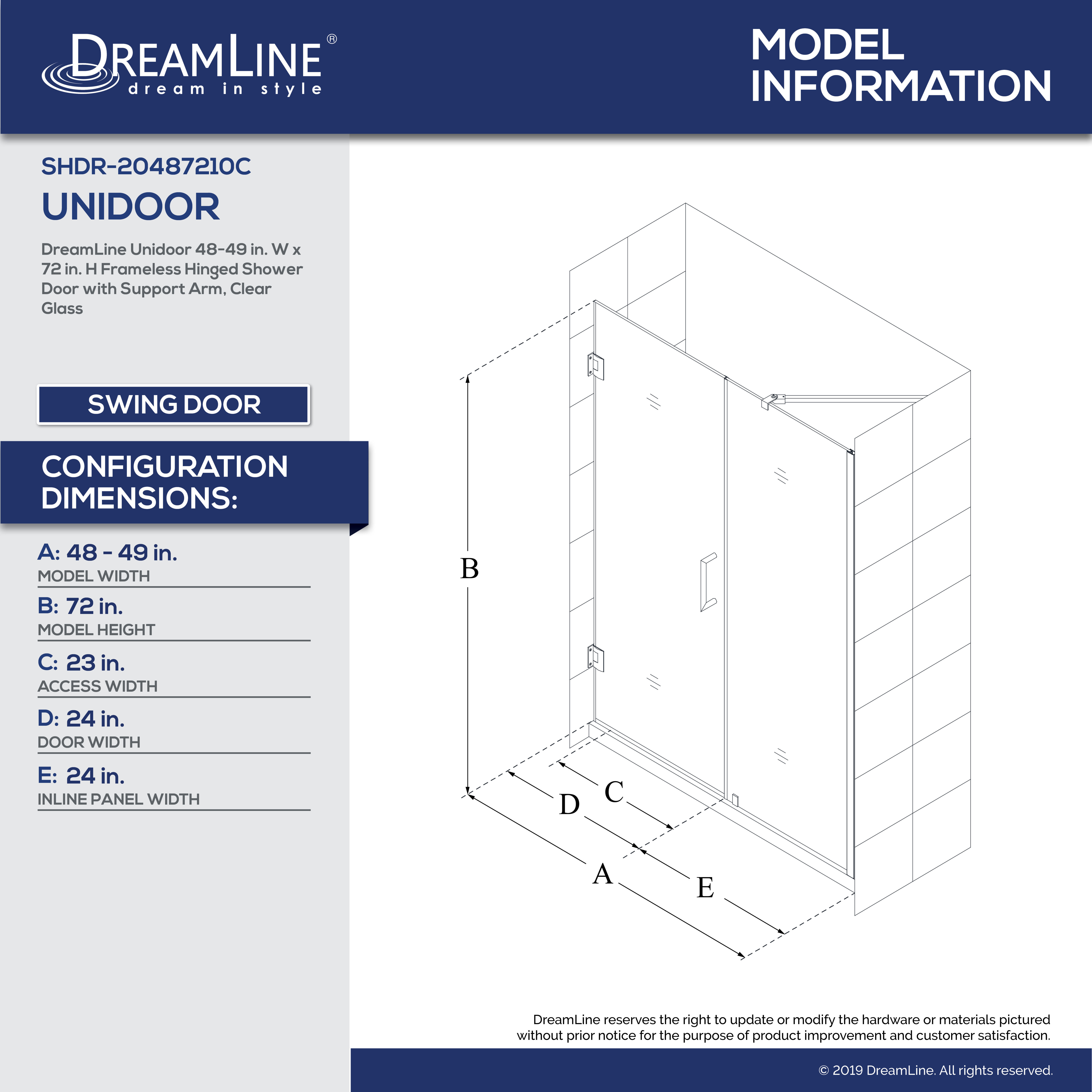 DreamLine SHDR20487210C Unidoor 48" 24 Inch Shower Door With 24