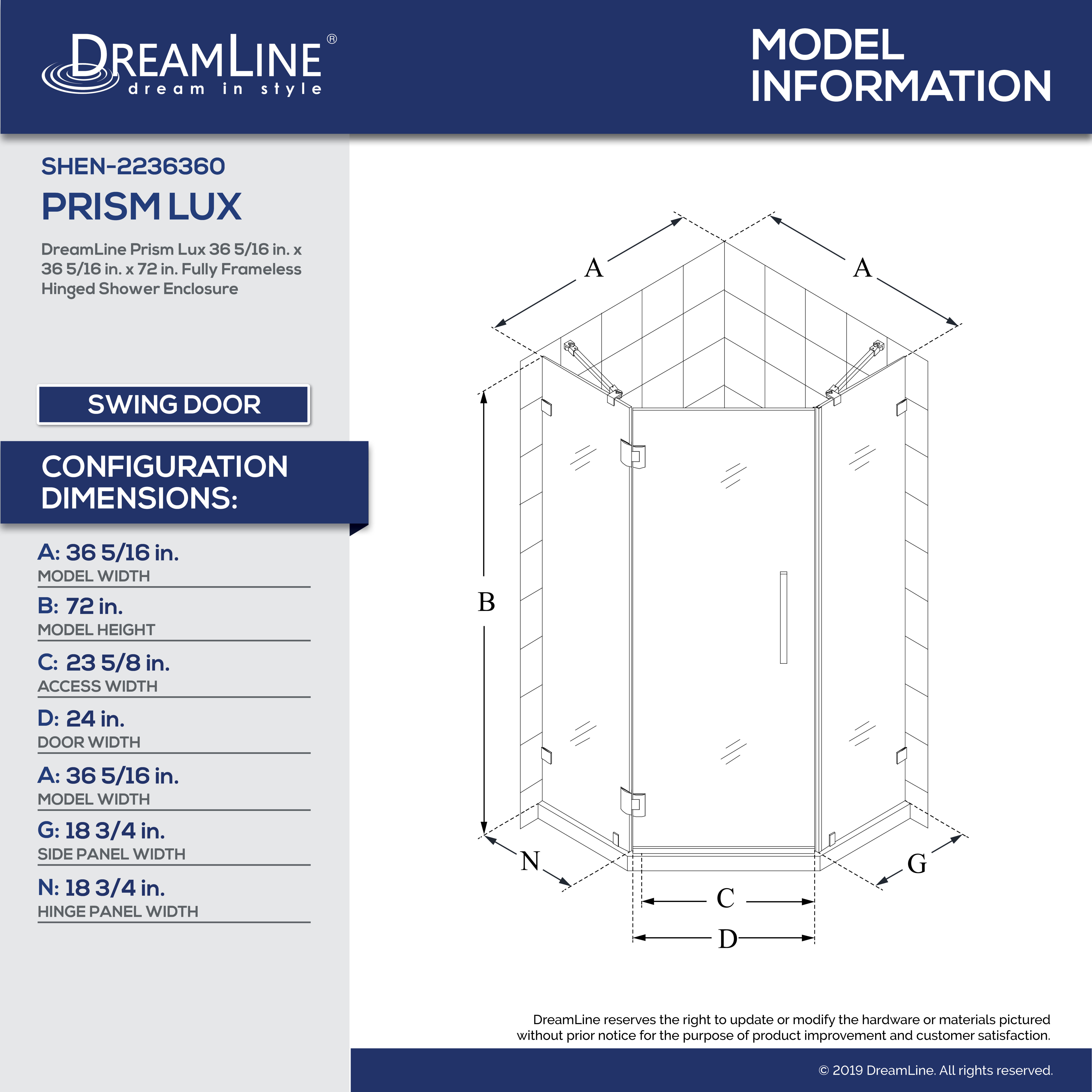 DreamLine SHEN2236360 Prism Lux 365/16" Shower Enclosure